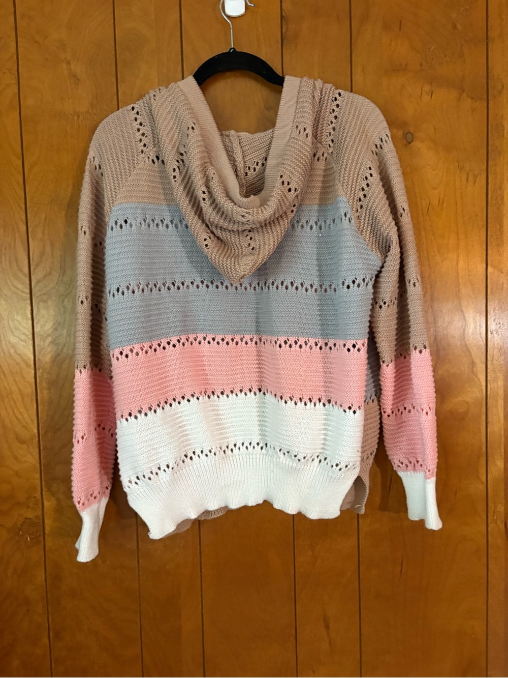 Striped Cowl-Neck Knit Sweater in Beige, Gray, Pink & White